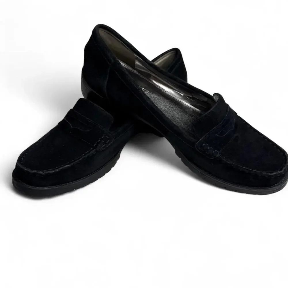 Anne Klein Academia Black Suede Penny Loafers – Chunky Sole | Y2K Size 9